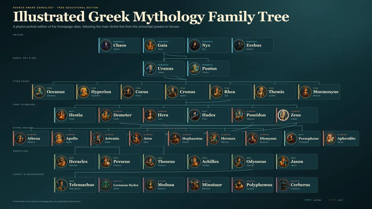 Illustrated Greek mythology family tree with portrait medallions from Chaos and Gaia through the Titans, Olympian gods, heroes, and monsters
